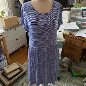 Old Navy Striped Dress L Cotton Blend Blue White Stretch Knee Length VGUC